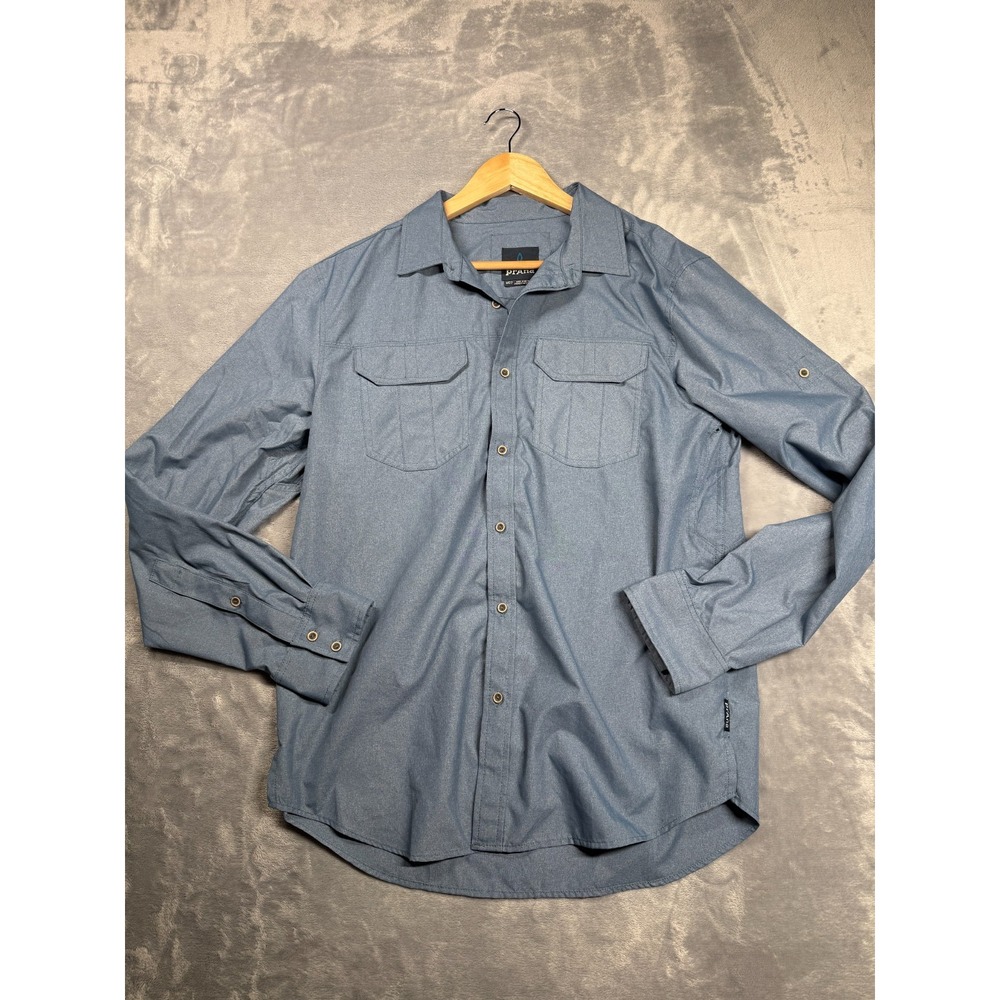 Prana Shirt Mens Medium Blue Long Sleeve Chest Dual Pockets Classic Button Up